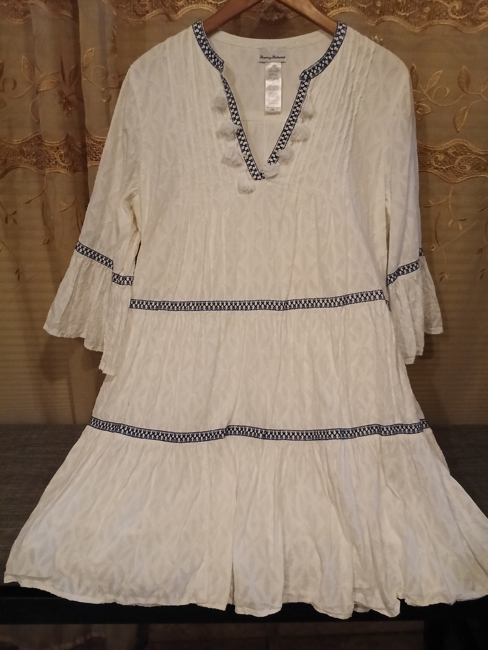 Tommy Bahama White Tiered Midi Dress with Navy Trim